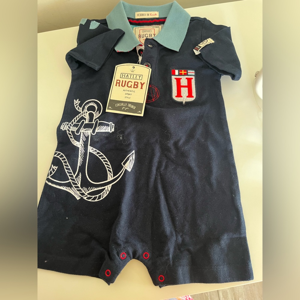 NWT HATLEY RUGBY Navy Baby Romper with Anchor Design